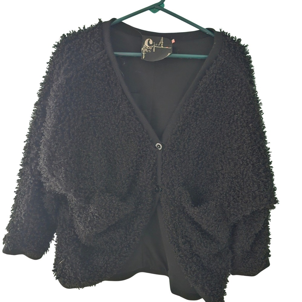 Chandelier Cardigan Sweater Womens Small Black Fuzzy Shaggy‎ Knit V-Neck Button